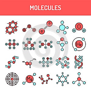 Molecules line icons set. Isolated vector element.