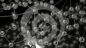 Molecules with lines move in waves. Design. Biological chains of molecular bonds moving in waves. Molecular balls are