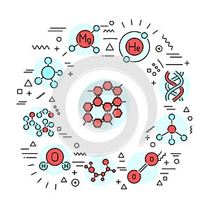 Molecules web banner. Infographics with linear icons