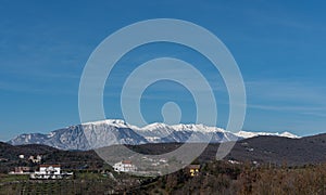 Molise, Mainarde, winter panorama. The Mainarde mountain range extends along the border between Molise and Lazio, with prevalence