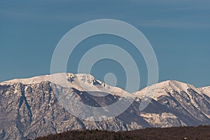 Molise, Mainarde, winter panorama. The Mainarde mountain range extends along the border between Molise and Lazio, with prevalence