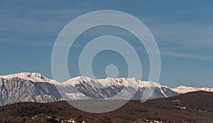 Molise, Mainarde, winter panorama. The Mainarde mountain range extends along the border between Molise and Lazio, with prevalence