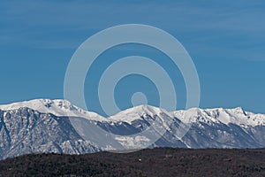 Molise, Mainarde, winter panorama. The Mainarde mountain range extends along the border between Molise and Lazio, with prevalence