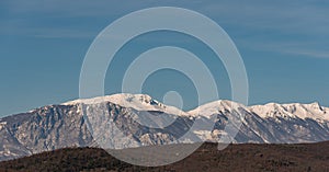 Molise, Mainarde, winter panorama. The Mainarde mountain range extends along the border between Molise and Lazio, with prevalence