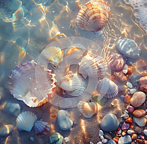 Molluscs shells and rocks drift in the electric blue water