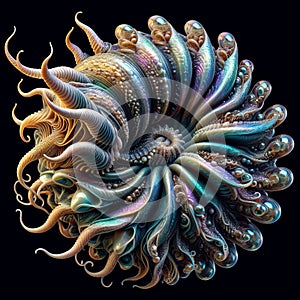 A mollusk with tentacles that shimmer like iridescent jewels,