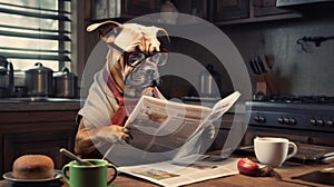 Moloss dog reading and holding newspaper