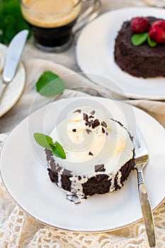 Molten chocolate cake fondant with vanilla ice cream for dessert