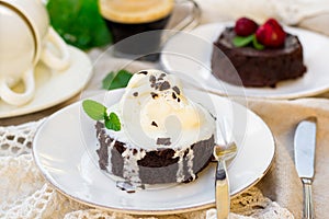 Molten chocolate cake fondant with vanilla ice cream for dessert