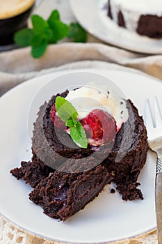 Molten chocolate cake fondant with vanilla ice cream for dessert