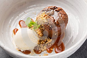 Molten Chocolate Cake with ice cream and nuts