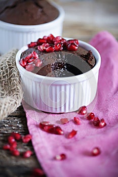 Molten chocolate coffee cake with pomegranate and soft centre