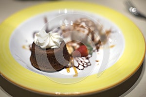 Molten chocolate lava cake with ice cream