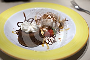 Molten chocolate lava cake with ice cream