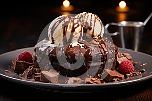 Molten chocolate lava cake, velvety interior, oozing richness, two scoops of vanilla ice cream as toppings, generative ai
