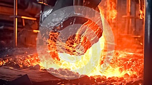Molten hot steel is pouring - Industrial metallurgy. Metallurgical factory, foundry cast, heavy industry background.