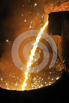 the molten iron flows into the bucket photo was taken in a production workshop for production of pig and crude steel in one of