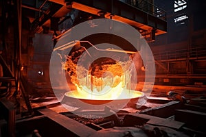 Molten iron making steel factory industrial furnace liquid metal melting fire manufacturing spark heavy industry red hot