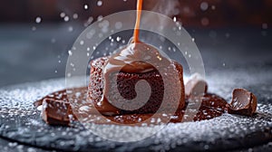 molten lava cake, with the flowing chocolate captured mid-eruption, shot in profile against a classic, luxurious velvet