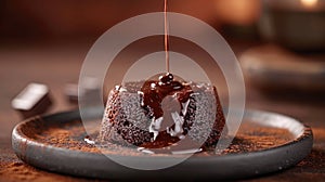 molten lava cake, with the flowing chocolate captured mid-eruption, shot in profile against a classic, luxurious velvet