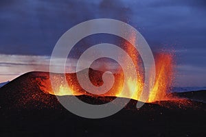 Molten lava erupts from Eyjafjallajokull Fimmvorduhals Iceland