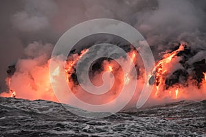 Molten lava flowing into the Pacific Ocean