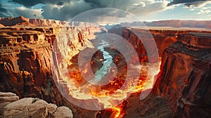 Molten lava flows through a canyon, creating a fiery river