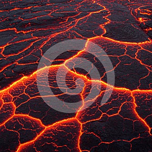 Molten lava flows on a volcanic surface, featuring bright orange