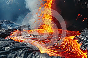 Molten lava flows from a volcano, creating a dangerous yet mesmerizing natural spectacle