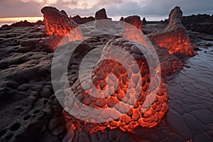 molten lava solidifying into unique rock formations