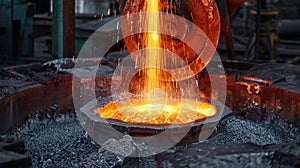 Molten metal pour from big container Into sand mold with sparks. Iron casting in metallurgy foundry plant, heavy