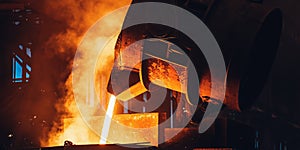 Molten metal pouring from big ladle. Iron cast process.Metallurgical plant. Steel mill factory