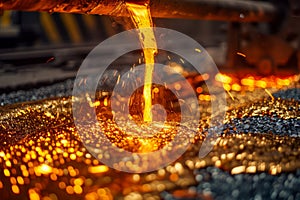 Molten Metal Pouring in Foundry, Industrial Steel Manufacturing, Hot Liquid Iron Casting Process, Metallurgy and Heavy Industry