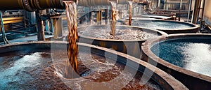 Molten iron flows into refining tanks, showcasing the industrial process of raw iron production and solidification photo