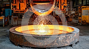 Molten steel flows from large ladles into enormous molds, creating a dazzling display of sparks and heat in a hot-rolling photo