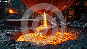 Molten steel flows from a metallurgical ladle, glowing and dynamic in its industrial journey. Ai Generated