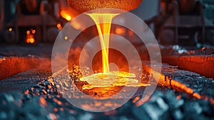 Molten steel flows from a metallurgical ladle, glowing and dynamic in its industrial journey. Ai Generated