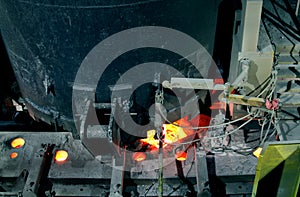 Molten steel transfer ladle at continuous casting plant.