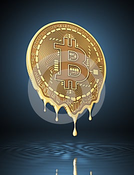 Molten virtual coin bitcoin on blue background