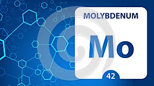 Molybdenum 42 element. Alkaline earth metals. Chemical Element of Mendeleev Periodic Table. Molybdenum in square cube creative