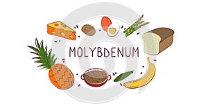 Molybdenum-containing food. Groups of healthy products containing vitamins and minerals. Set of fruits, vegetables