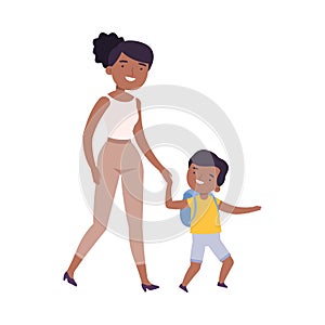 Mom Accompanying her Son to the School or Kindergarten, Parent and Kid Walking Together Holding Hands Cartoon Style