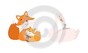 Mom Animal Cuddling with Its Little Cub as Parent Love and Care Vector Set