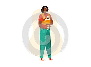 Mom and baby, African-American mother holding her newborn baby child in her arms isolated on white vector illustration.