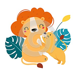 Mom and baby animals. Cute mother lioness hugging her lion cub cartoon vector illustration