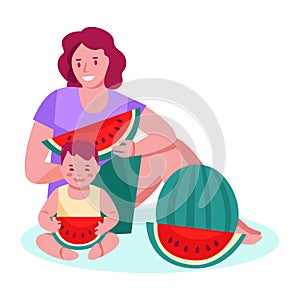 Mom and baby boy eat a watermelon at a summer picnic. The concept of family vacation, pastime. Vector illustration in flat cartoon