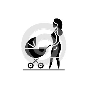 Mom with a baby carriage black icon, vector sign on isolated background. Mom with a baby carriage concept symbol