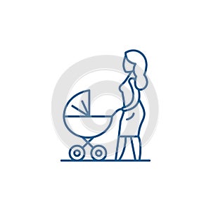 Mom with a baby carriage line icon concept. Mom with a baby carriage flat  vector symbol, sign, outline illustration.