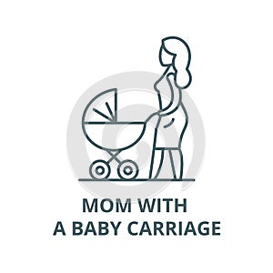Mom with a baby carriage vector line icon, linear concept, outline sign, symbol