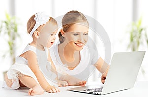 Mom and baby with computer working from home